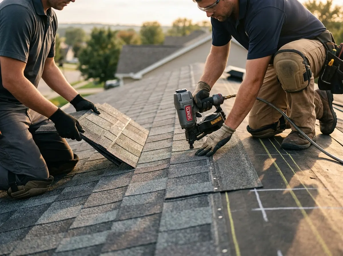 Professional roofer working on a residential roof in Byron